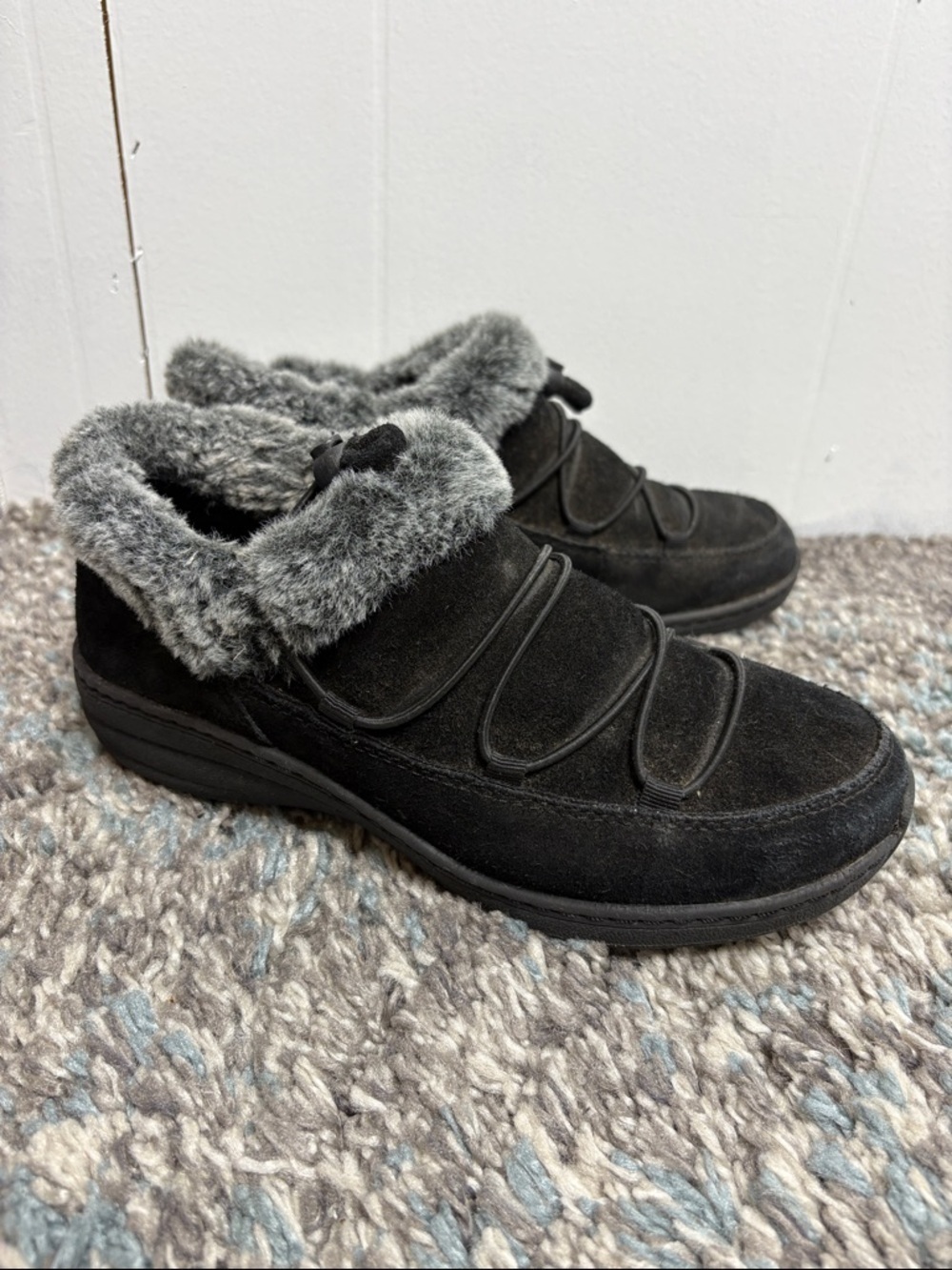 Aetrex Shoes Womens 7.5 Chrissy Gray Faux Shearling Lined Slip On Toggle Strap